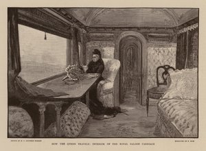 Koningin Victoria in de koninklijke salonwagon (gravure)