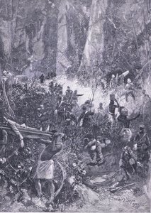 De Ashanti Oorlog 1900: Een gevecht in het bos, illustratie uit Cassells Geschiedenis van Engeland, 1900s