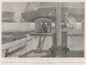 De eerste schoten vanaf een schip in de Zuid-Afrikaanse Oorlog, HMS Partridge vuurt op de Boeren bij Saldanha Bay, Kaapkolonie