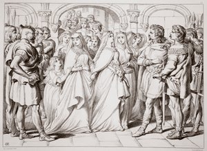 Alftruda herkent Hereward, illustratie uit Hereward the Great door Charles Kingsley, uitgegeven 1870, gegraveerd door C.G. Lewis door Henry Courtney Selous