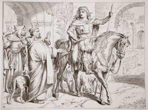 Hereward informeert zijn oom de Prior dat hij vogelvrij verklaard zal worden, illustratie uit Hereward de Grote door Charles Kingsley, uitgegeven 1870, gegraveerd door C.G. Lewis door Henry Courtney Selous