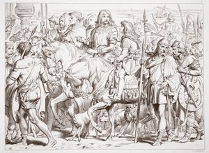 Hoe Hereward de gewijde vesting van St. Bertin binnengaat, illustratie uit Hereward the Great door Charles Kingsley, uitgegeven 1870, gegraveerd door C.G. Lewis