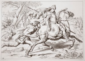 Hoe Martin Lightfoot Hereward inhaalt, illustratie uit Hereward the Great door Charles Kingsley, uitgegeven in 1870, gegraveerd door C.G. Lewis door Henry Courtney Selous