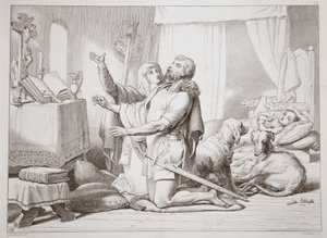 Hoe Torfrida Hereward leert bidden, illustratie uit Hereward the Great door Charles Kingsley, gegraveerd door C.G. Lewis door Henry Courtney Selous