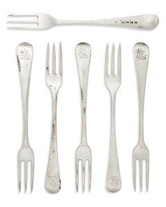 Set van George III koloniale Oud-Engelse patroon dessertvorken, Gibraltar, c.1790 (zilver) door Henry Cowper