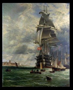 H.M.S. St. Vincent bij haar aanlegplaats bij de ingang van Haslar Creek, Portsmouth, 1868 door Henry Dawson