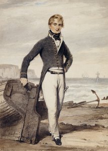 Portret van Edward Pocock R.N., klein volledig lichaam, staand naast een gestrand roeiboot bij eb door Henry Edridge