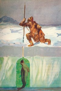 Eskimo op het punt een zeehond te spiesen door zijn ademgat, ca. 1927 door Henry Evison