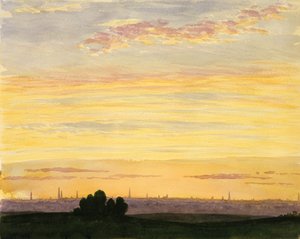 Stad en zonsondergang
