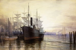 Zonsondergang, haven van New York, 1880 door Henry Farrer