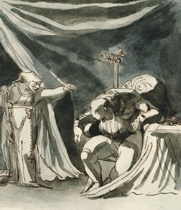 Een oude vrouw met een rozenkrans die een zittende man vervloekt; Mogelijk koningin Margaret die de hertog van Gloucester vervloekt