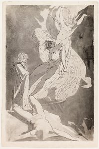 Dante valt flauw voor de stijgende zielen van Paolo en Francesca, Virgil aan zijn zijde door Johann Heinrich Füssli