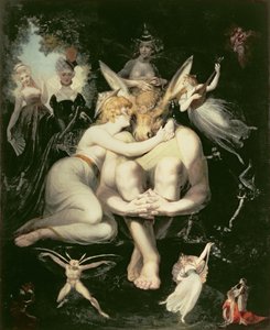 Titania ontwaakt, omringd door dienende feeën, klampt zich extatisch vast aan Bottom, die nog steeds het ezelskop draagt, 1793-4