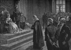 Peers en Commoners presenteren patriottisch adres aan de koningin aan de vooravond van de Krimoorlog, 1891