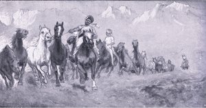 Indiase koelies brengen remounts naar Stellenbosch, uit After Pretoria: The Guerilla War gepubliceerd door Harmsworth Bros Limited, 1901 door Henry Inglis Jodrel Sheldon Williams