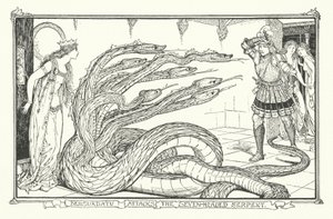 Bensurdatu Valt de Zevenkoppige Slang Aan (gravure) door Henry Justice Ford