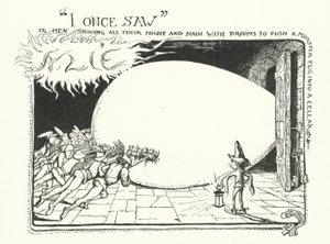 Ik zag eens 12 mannen met al hun kracht en macht met bezems een monster ei in een kelder duwen (gravure) door Henry Justice Ford