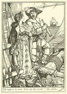 "Als gevangenneming zeker is, blaas het schip op" zei ze (gravure) door Henry Justice Ford