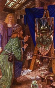 Leonardo maakt zijn vader bang met het monster geschilderd op zijn schild