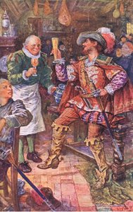 Michael Lambourne drinkt met de herbergier van de Zwarte Beer, illustratie uit Kenilworth, ca. 1910 door Henry Justice Ford