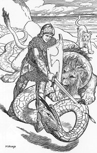 Percival vecht tegen de slang Illustratie door HJ Ford (1860-1940) uit “Het boek der romantiek” 1902 Privécollectie door Henry Justice Ford
