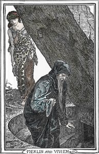 Voorstelling van Merlijn de Tovenaar en Fee Viviane (Merlin en Vivien) Illustratie door Henry Justice (HJ) Ford (1860-1941) uit “Het boek der romantiek” 1902 Privécollectie door Henry Justice Ford