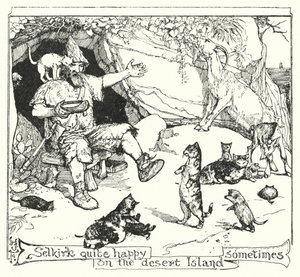 Selkirk soms heel gelukkig op het onbewoonde eiland door Henry Justice Ford