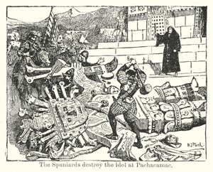 De Spanjaarden vernietigen het beeld in Pachacamac (litho) door Henry Justice Ford