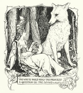 De witte wolf stelt de prinses een vraag in het bos (gravure) door Henry Justice Ford