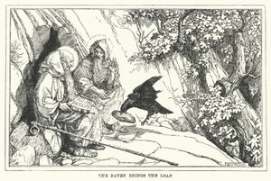 De raaf brengt het brood (litho) door Henry Justice Ford