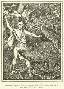 Ulysses, als een Jongeling, Vecht tegen het Wilde Zwijn en krijgt zijn Wond in zijn Dij door Henry Justice Ford