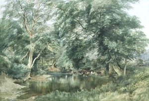 Landschap met Herten die uit een Rivier Drinken