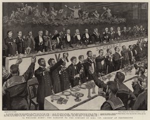 Een warm welkom, het banket voor de bemanning van H.M.S. St. George in Portsmouth door Henry Marriott Paget