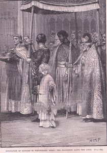 Kroning van Richard I in Westminster Abbey: de processie door het gangpad AD 1189 door Henry Marriott Paget