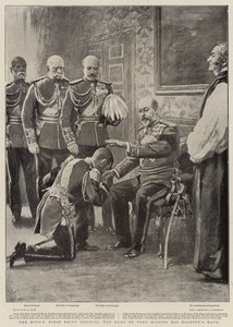 De Eerste Geheime Raad van de Koning, de Hertog van York kust de hand van Zijne Majesteit door Henry Marriott Paget