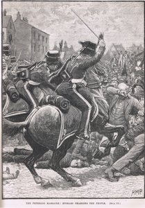 Het Peterloo Bloedbad met de Huzaren die de mensen aanvallen, illustratie uit Cassell