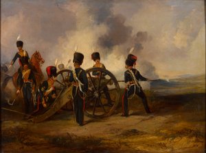 Een Koninklijk Paardenartillerie kanonploeg aan het laden, circa 1844 door Henry Martens