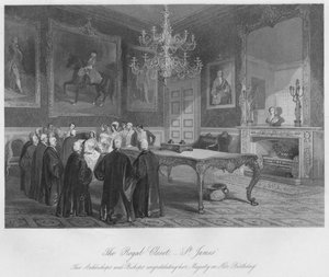 De Koninklijke Kast. - St. James. De aartsbisschoppen en bisschoppen feliciteren Hare Majesteit met haar verjaardag door Henry Melville