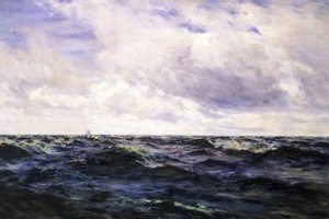 Zeegezicht, met een boei aan de linkerkant, en een kotter in het midden van een race aan de rechterkant, beide op grote afstand