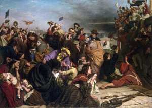 Afscheid van immigranten, op een dok aan de Theems (Engeland), beschrijving van groepen mensen van alle leeftijden en sociale klassen, evenals de matrozen in rode en blauwe hemden op de boot die naar de menigte zwaaien