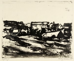 Heuvelachtig landschap met huizen door Henry Nielsen