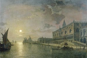 Maanverlichte uitzicht op het Bacino di San Marco, Venetië, met het Dogepaleis