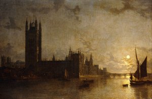 Westminster Abbey, de huizen van het parlement met de bouw van de Westminster Bridge, 1859