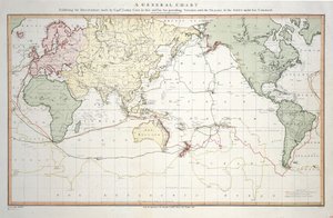 Algemene kaart met de ontdekkingen van kapitein James Cook in deze en zijn twee voorgaande reizen met de routes van de schepen onder zijn bevel. Door luitenant Roberts van de Koninklijke Marine