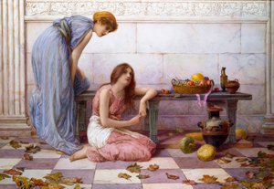 "Bloemen en fruit" Gedrapeerde vrouwen met melancholieke uitdrukkingen op de binnenplaats van een antieke villa. Schilderij van Henry Ryland (1856-1924) door Henry Ryland