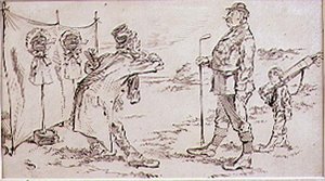 De Golfer wordt gestoord door de Verkoper, illustratie voor Graphic magazine, uitgegeven c.1870 door Henry Sandercock