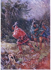 Rode Indianen jagen in een sneeuwstorm door Henry Sandham