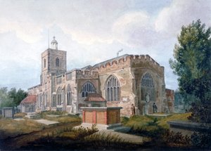 Zuidoostelijk Uitzicht op de Kerk van St. Dunstan, Stepney, Londen, ca. 1820 door Henry Sass