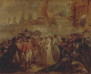 De overgave van de twee zonen van Tipu Sahib, sultan van Mysore, aan Sir David Baird door Henry Singleton
