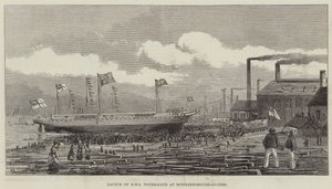 Te water laten van HMS Tourmaline in Middlesborough-on-Tees door Henry Spernon Tozer